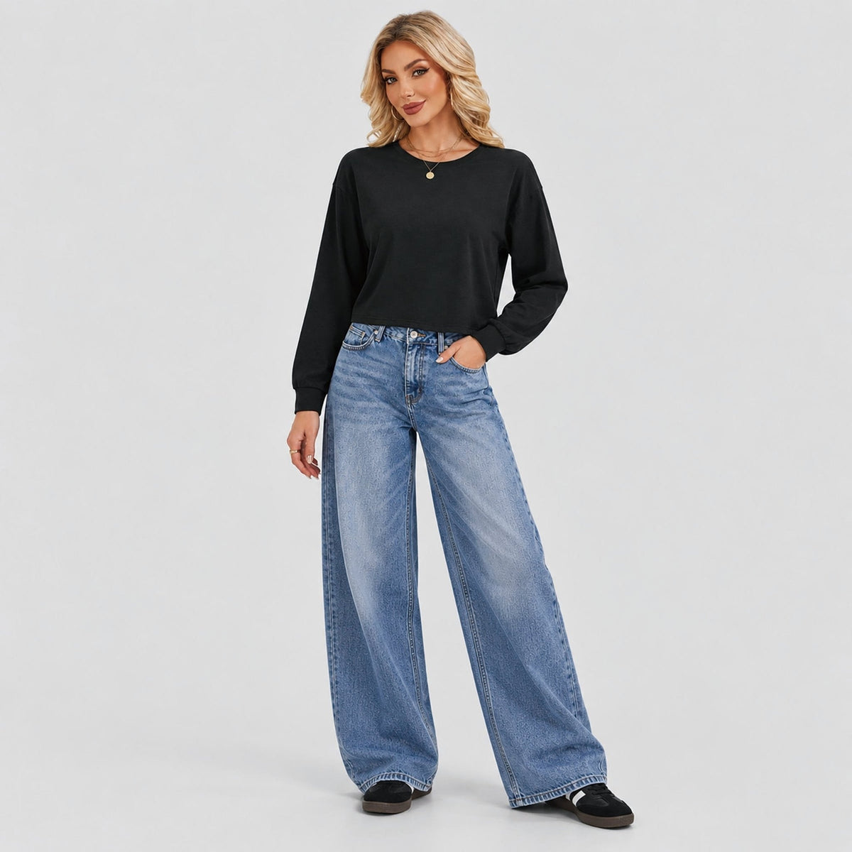 Women's Cropped Crew Neck Lightweight Casual Long Sleeve Top – Black