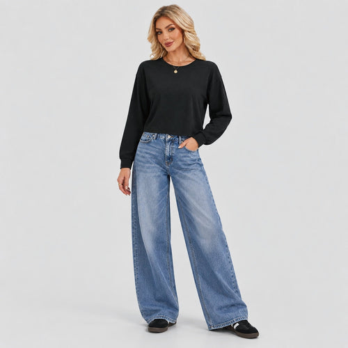 Women's Cropped Crew Neck Lightweight Casual Long Sleeve Top – Black