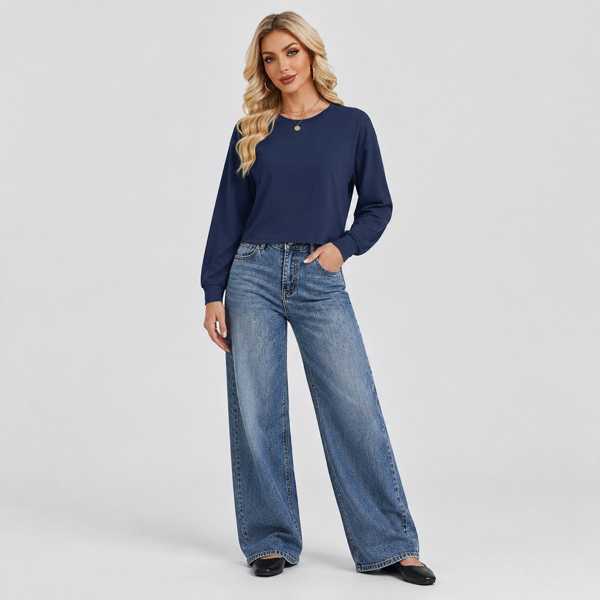Women's Casual Long Sleeve Cotton Crew Neck Top – Cropped