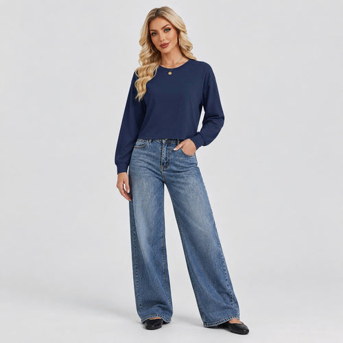 Women's Cropped Crew Neck Lightweight Casual Long Sleeve Top – Navy