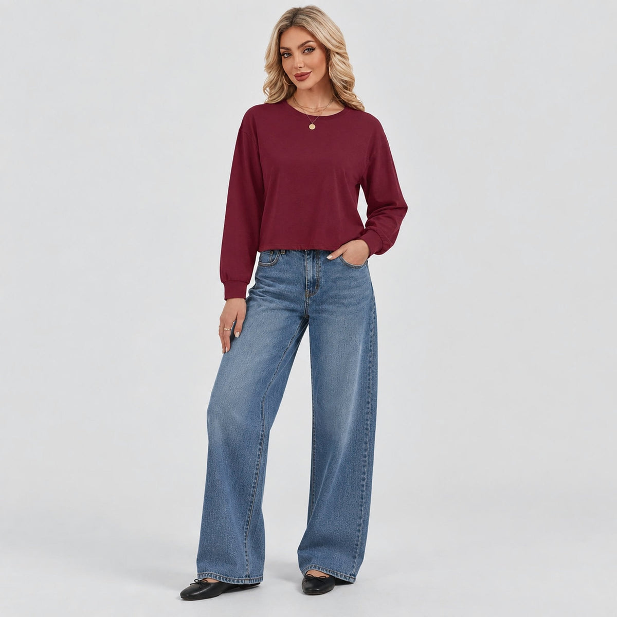 Women's Cropped Crew Neck Lightweight Casual Long Sleeve Top – Wine Red