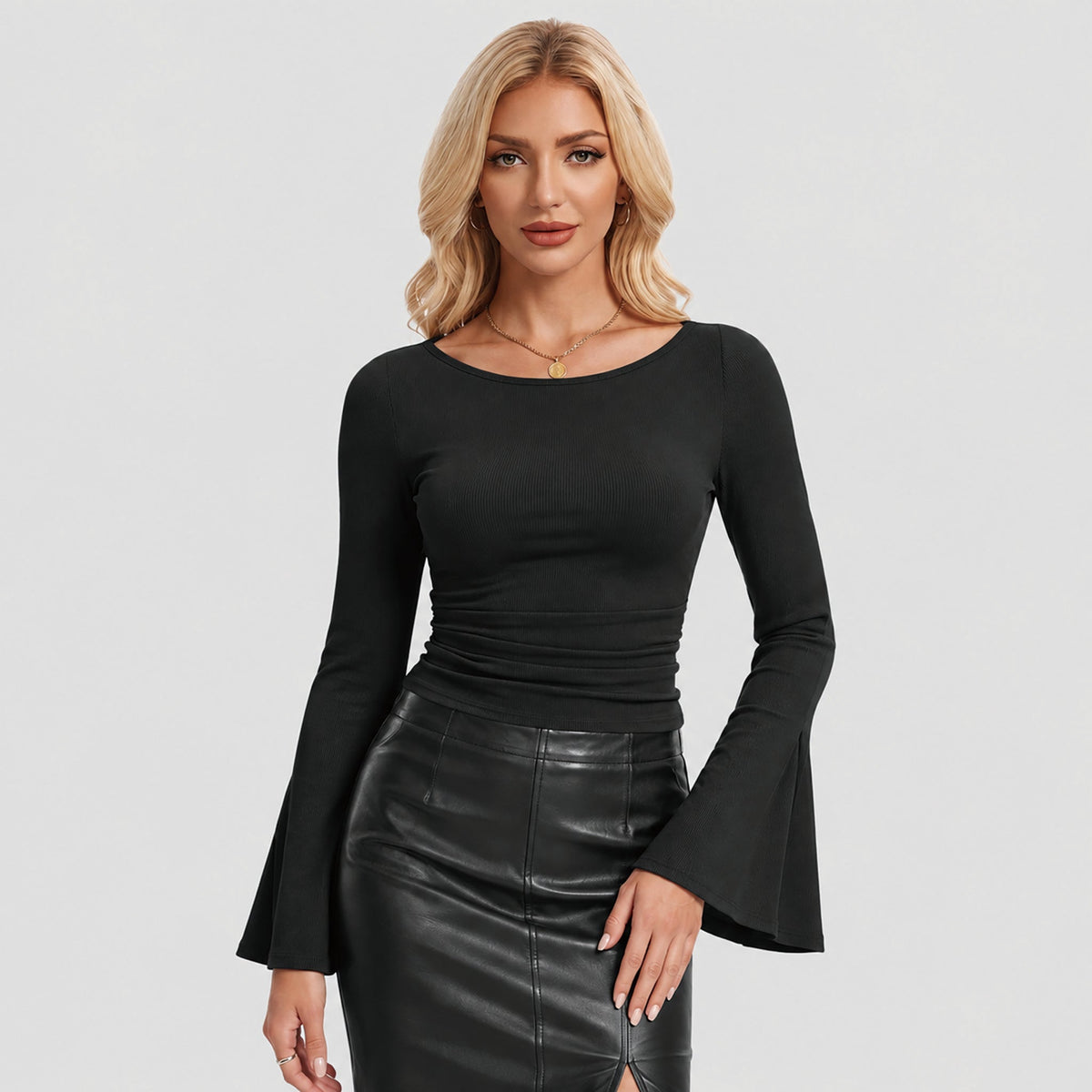 Women's Ribbed Knit Ruched Fitted Casual Long Sleeve Top – Black