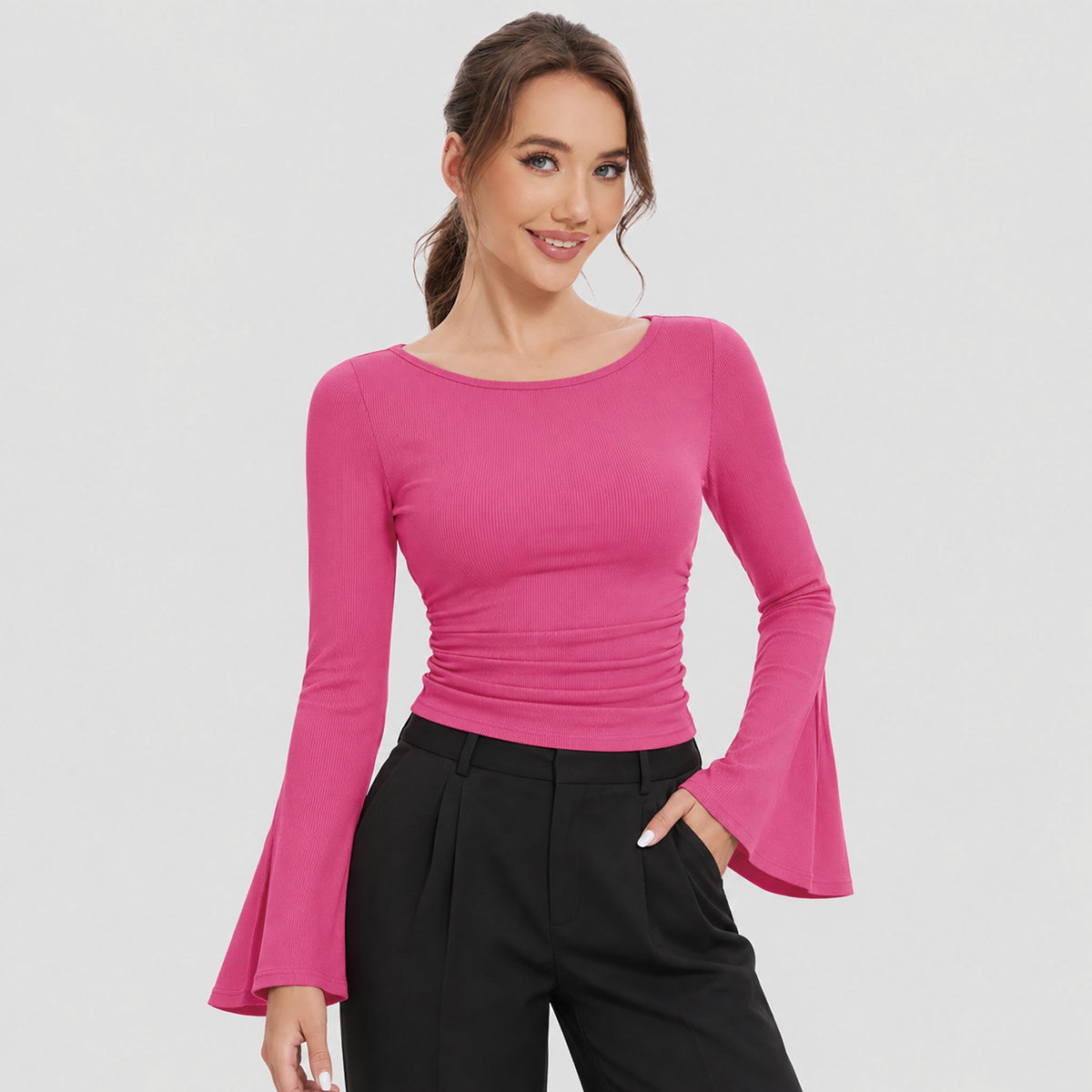 Women's Ribbed Knit Ruched Fitted Casual Long Sleeve Top – Rose