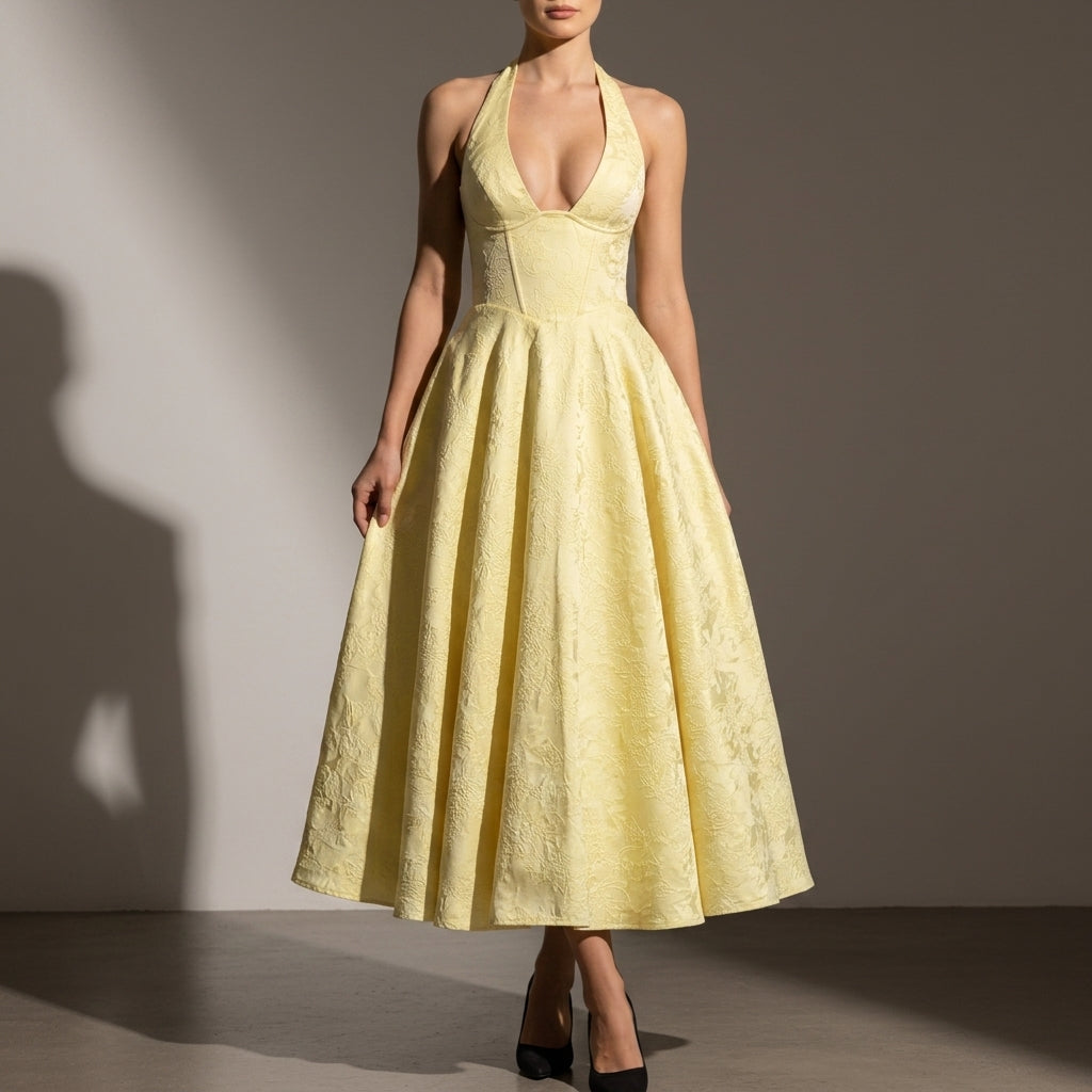 Natalie | Malaga Jacquard Halter Midi Dress
