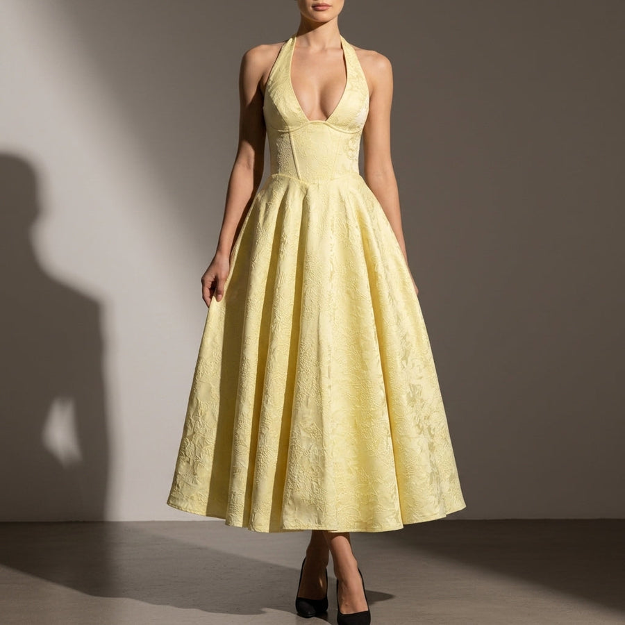 Natalie | Malaga Jacquard Halter Midi Dress
