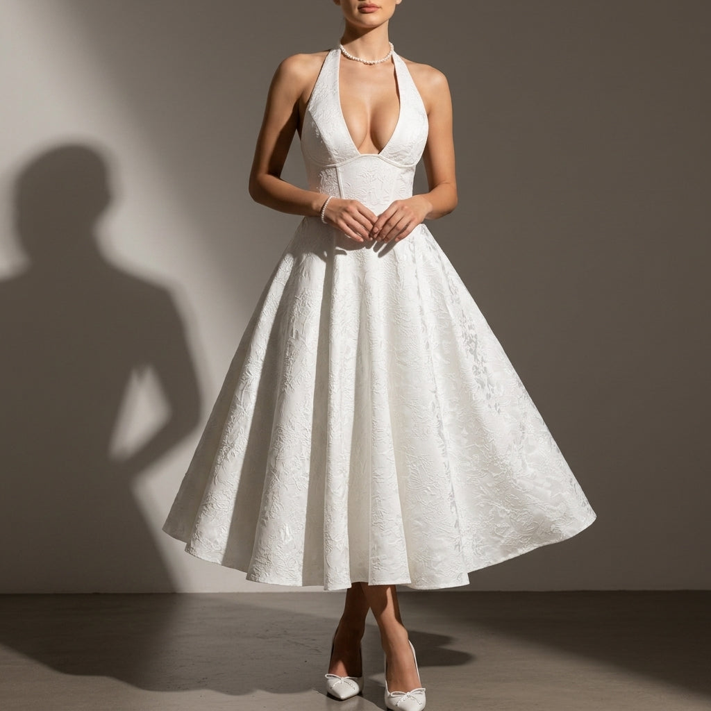Natalie | Malaga Jacquard Halter Midi Dress