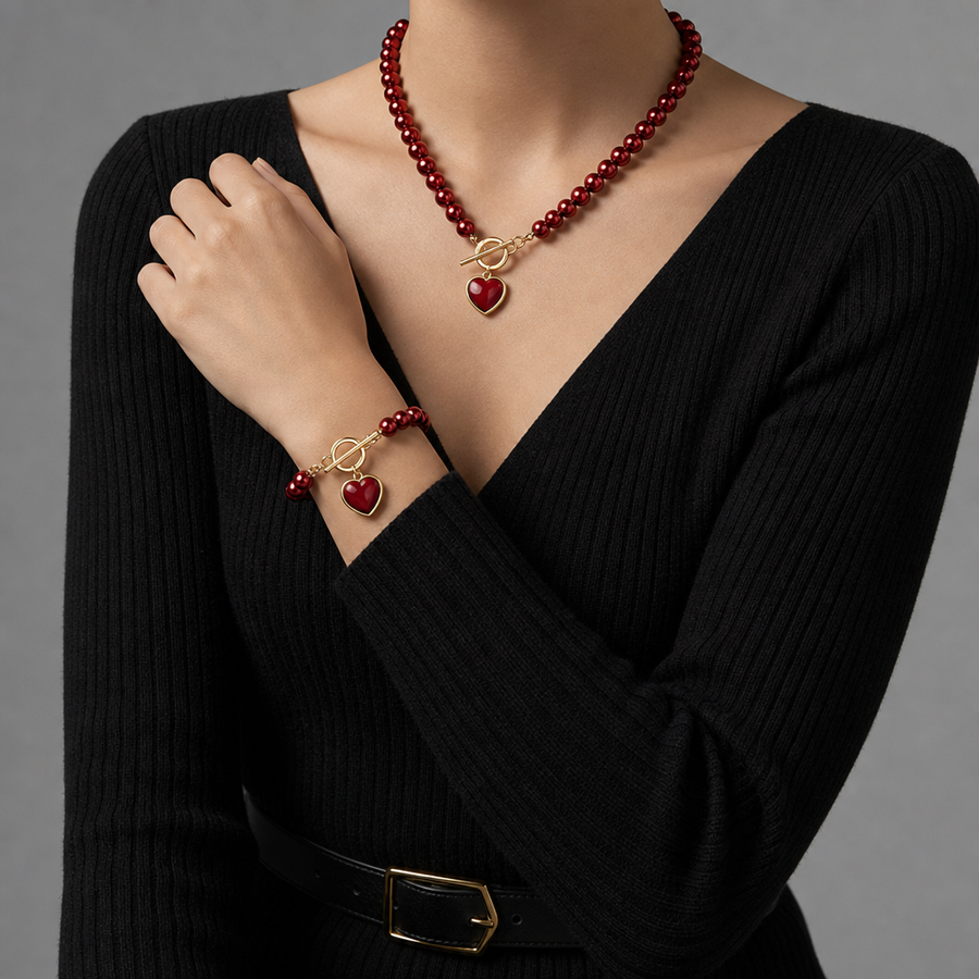 Nova | Formentor Red Pearl Heart Jewelry Set