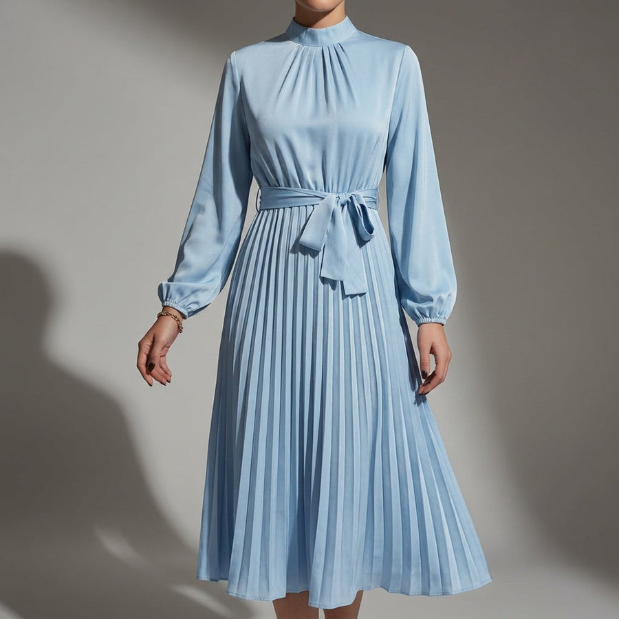 Nova | Plisse Belted High-Neck Pleated Midi Dress