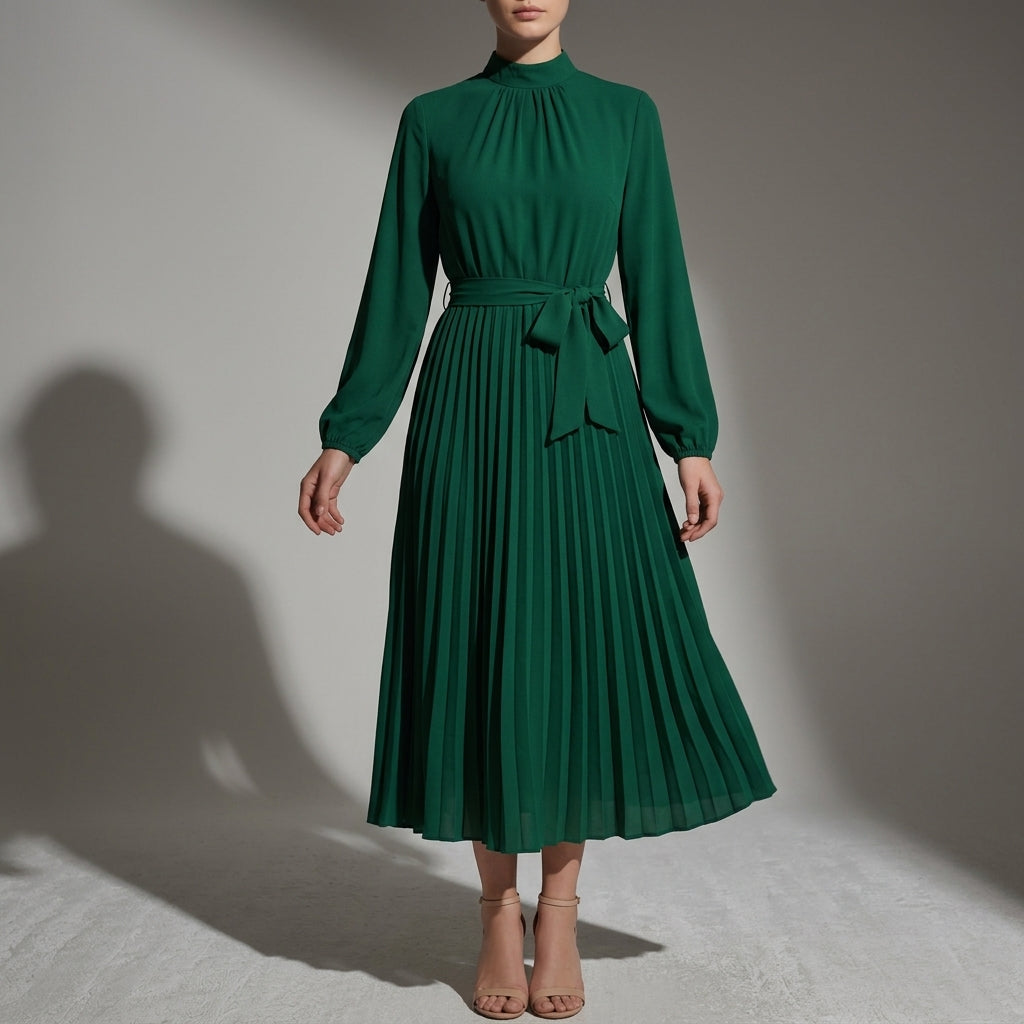 Nova | Plisse Belted High-Neck Pleated Midi Dress