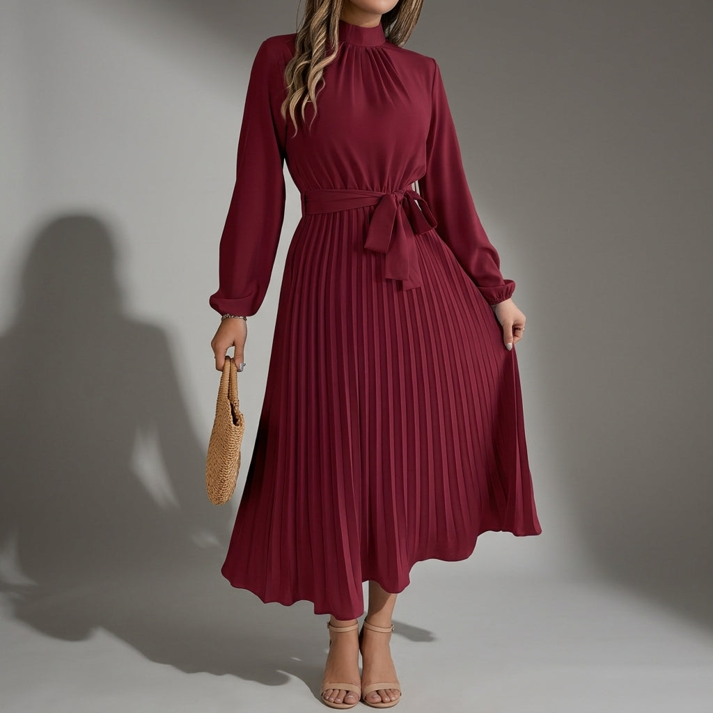 Nova | Plisse Belted High-Neck Pleated Midi Dress