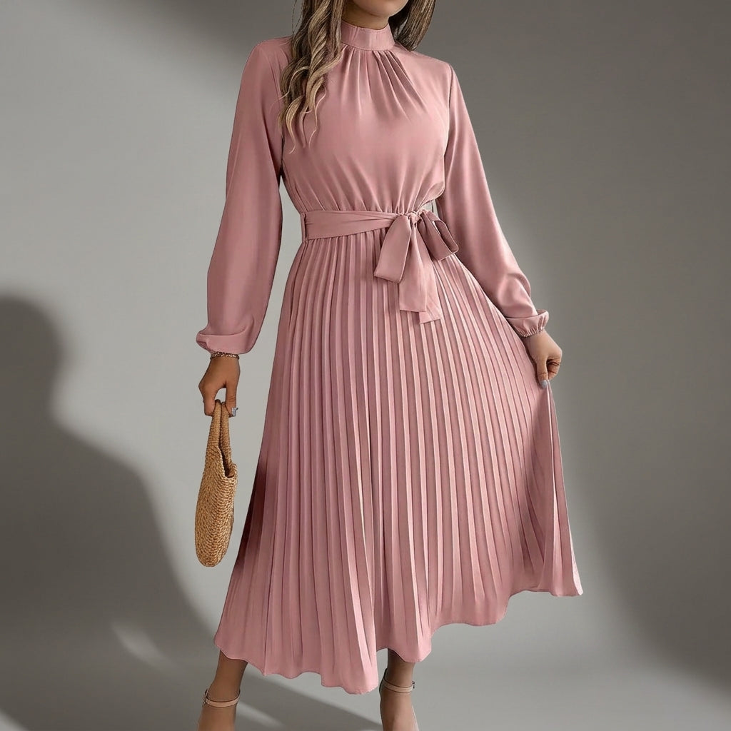Nova | Plisse Belted High-Neck Pleated Midi Dress