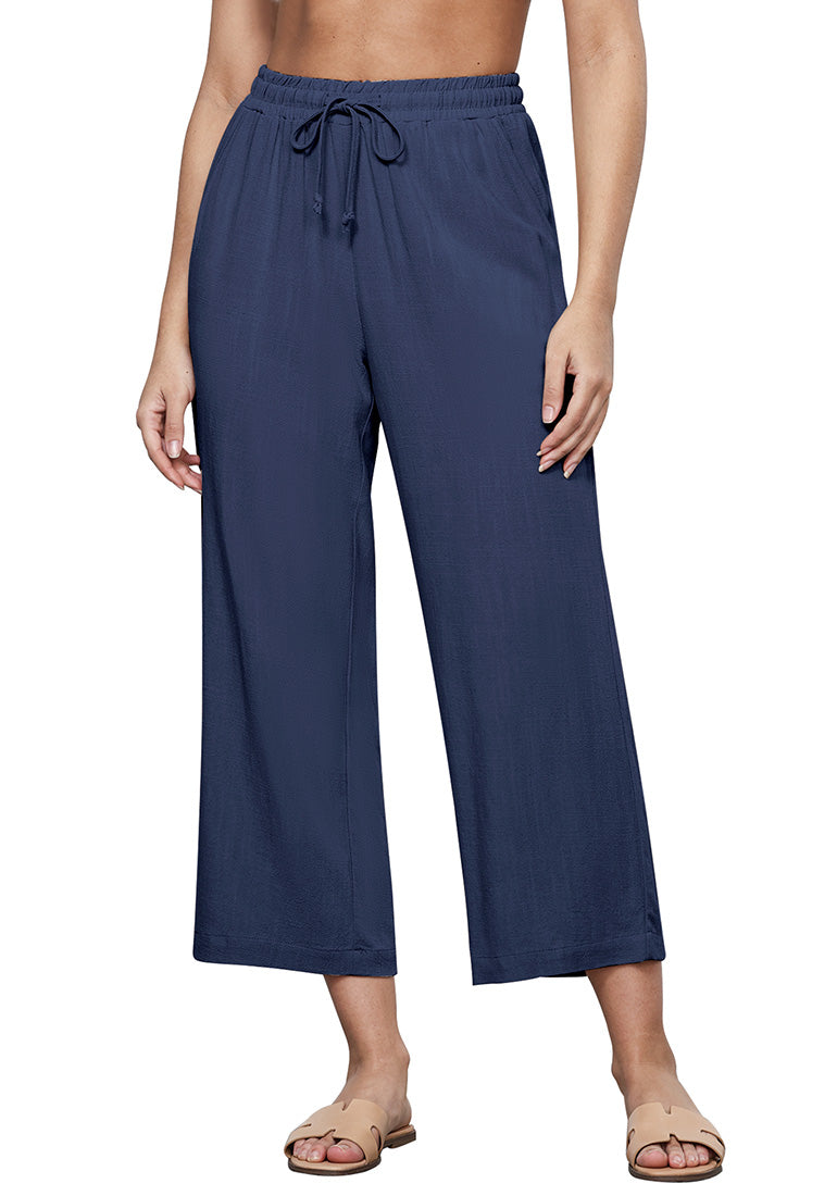 Women's Linen Blend Elastic-Waist High-Waist Wide-Leg Trousers – detail