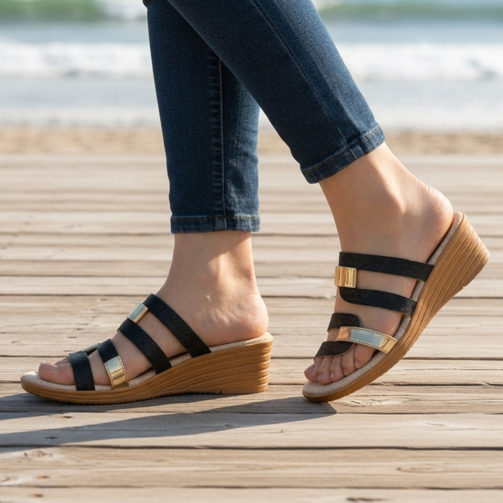 Sofia | Trento Metallic Strappy Wedge Sandals