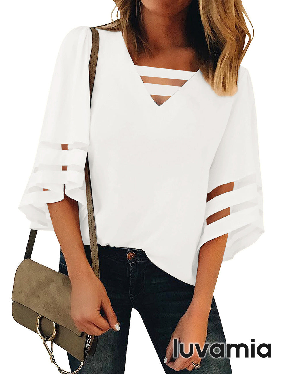 Women's V-Neck Casual Mesh Bell Sleeve Blouse – White