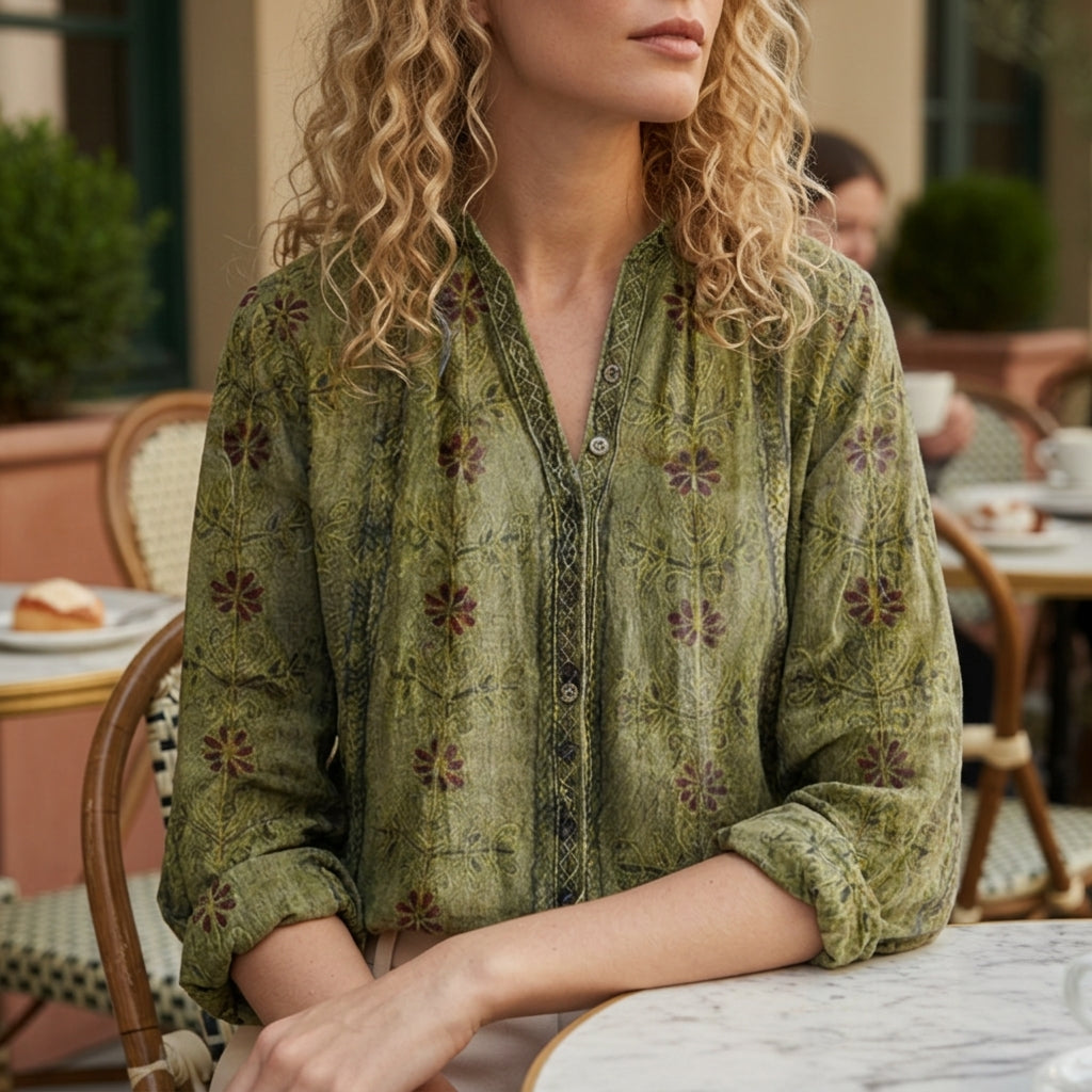 Violet | Carmen Printed V-Neck Long Sleeve Boho Blouse