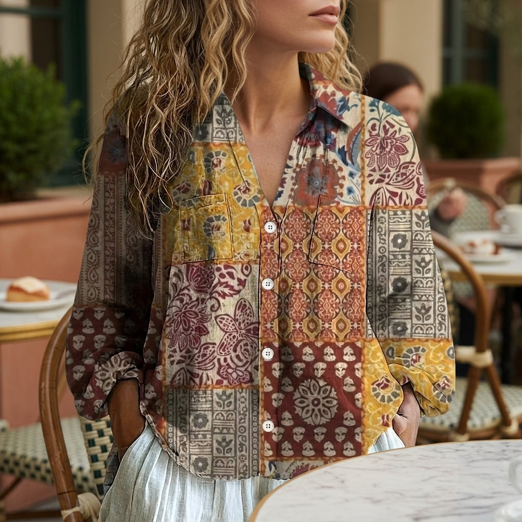 Violet | Carmen Printed V-Neck Long Sleeve Boho Blouse