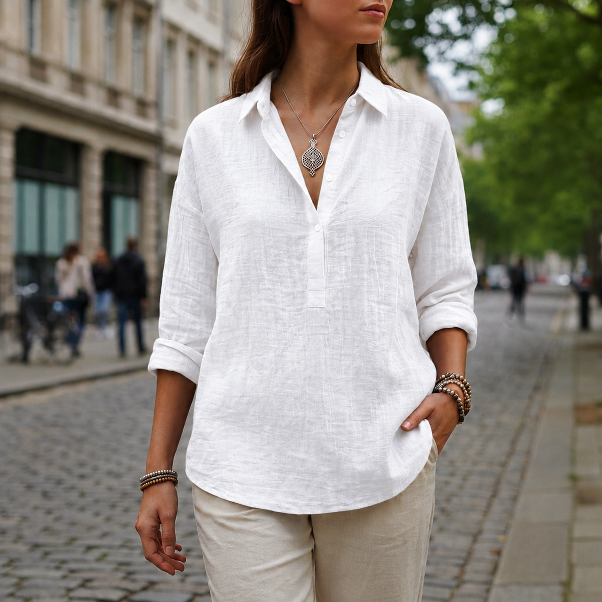 Violet | Trento Linen-Look Popover Blouse