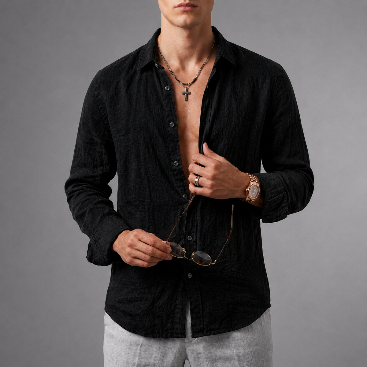 William | Syros Linen Open Collar Shirt